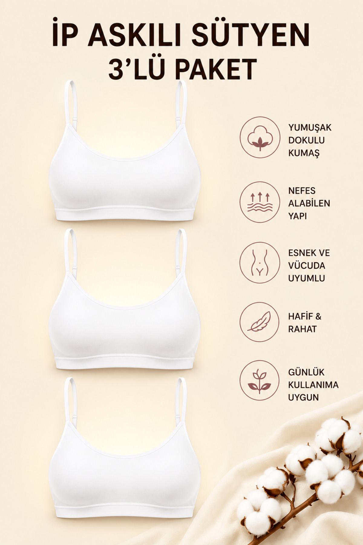 Mudcosıo Kadın İp Askılı Pedli Sütyen 3'lü Paket Pamuklu Esnek Rahat Bralet Sporcu Sütyen