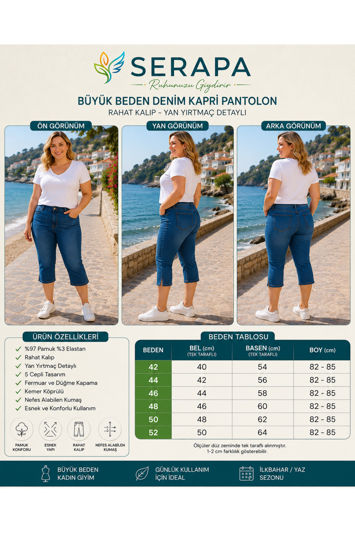 SERAPA  Büyük Beden Koyu Mavi Yıkamalı Likralı Denim Kapri Pantolon Yan Yırtmaç Detaylı Rahat Kalıp - Görsel 3