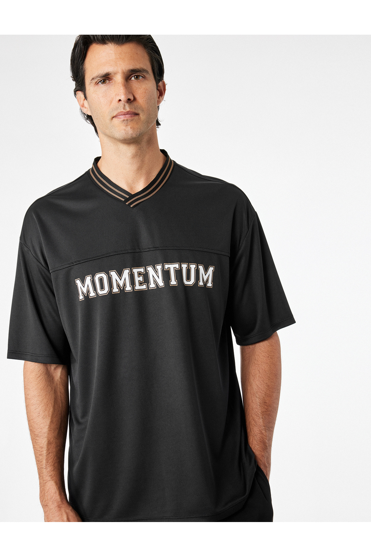 Koton Stitching Detailed V-Neck Short Sleeve Printed Oversize Sports T-Shirt