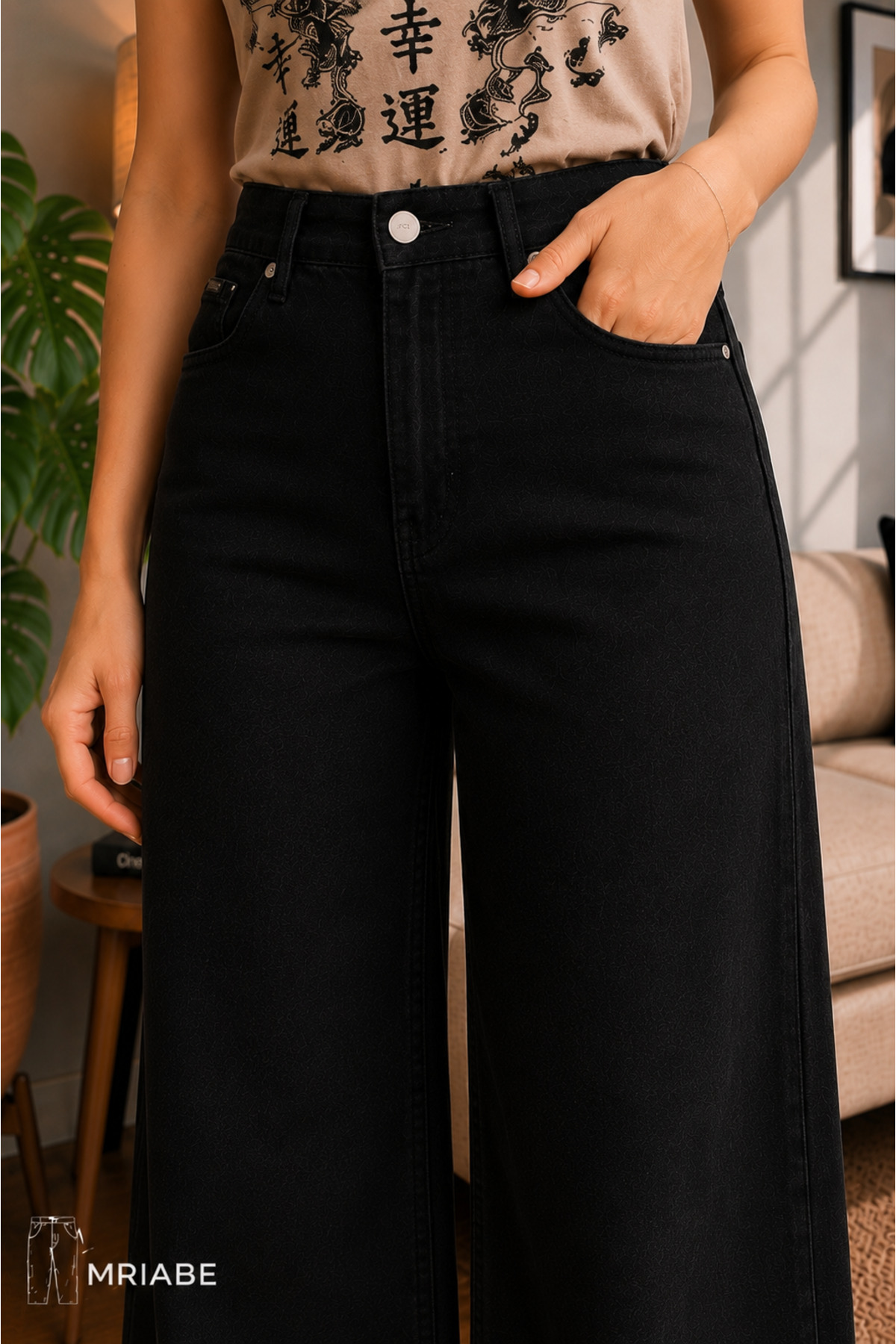 MRİABE SimSiyah Yüksek Bel Kadın Palazzo Kot Pantolon, Esnek Denim Kumaş, Düz Bol Paça,Modern Jean görsel 5