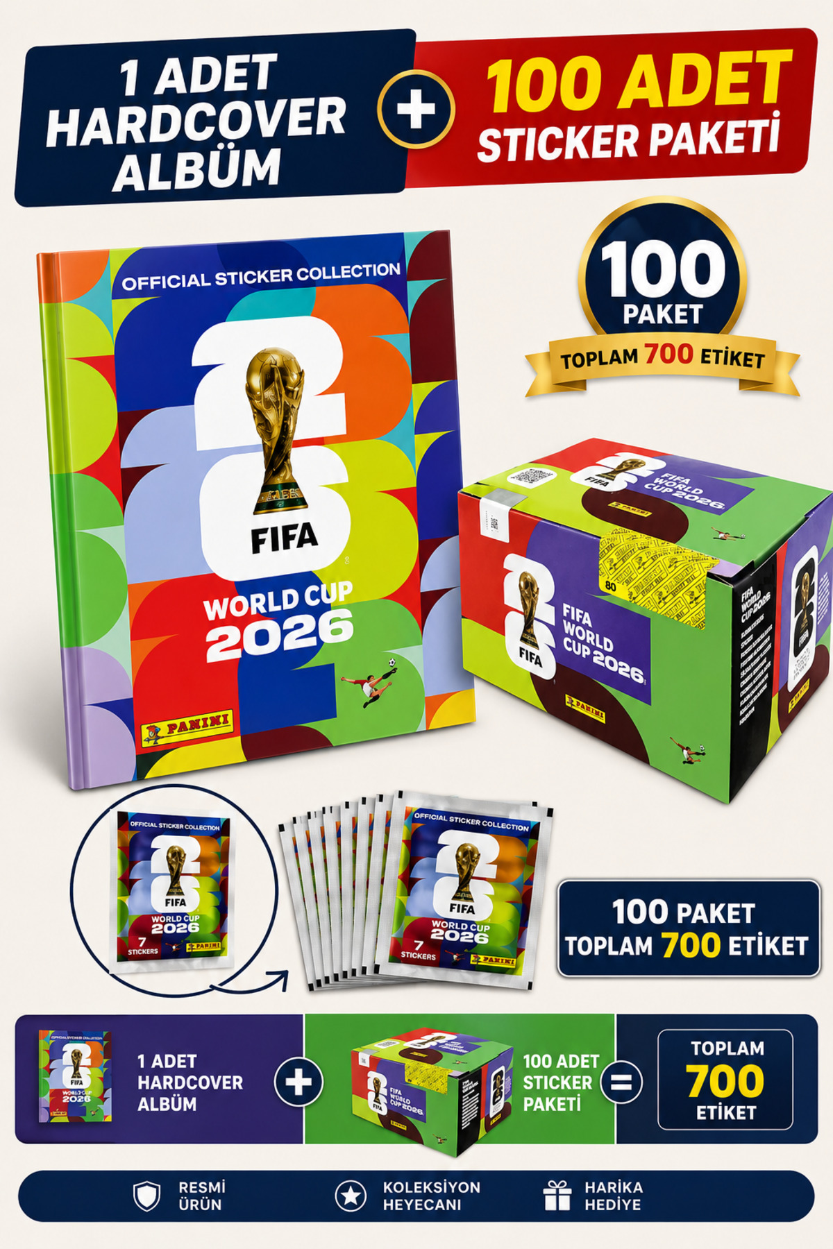 Panini World Cup 2026 Sticker Hardcover Albüm + 100 Paket Sticker