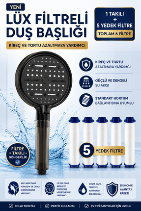 Plodna House LÜX SİYAH PREMİUM FİLTRELİ DUŞ BAŞLIĞI – 5 YEDEK FİLTRELİ AVANTA...