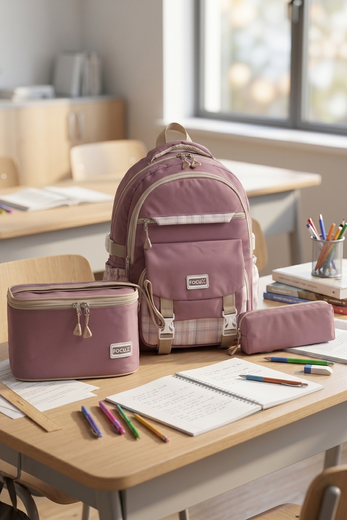 FOCUX -1396 Set of 3 Children's Primary School Middle School Bag with Pen Holder and Lunch Bag Backpack Gülkurus