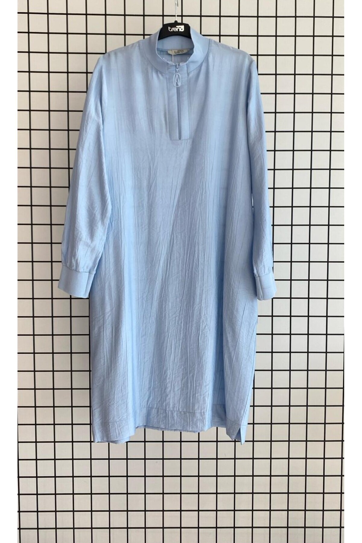Trendy Collar Zippered Ribbed Natural Fabric Comfortable Fit Basic Hijab Tunic Length 102 cm