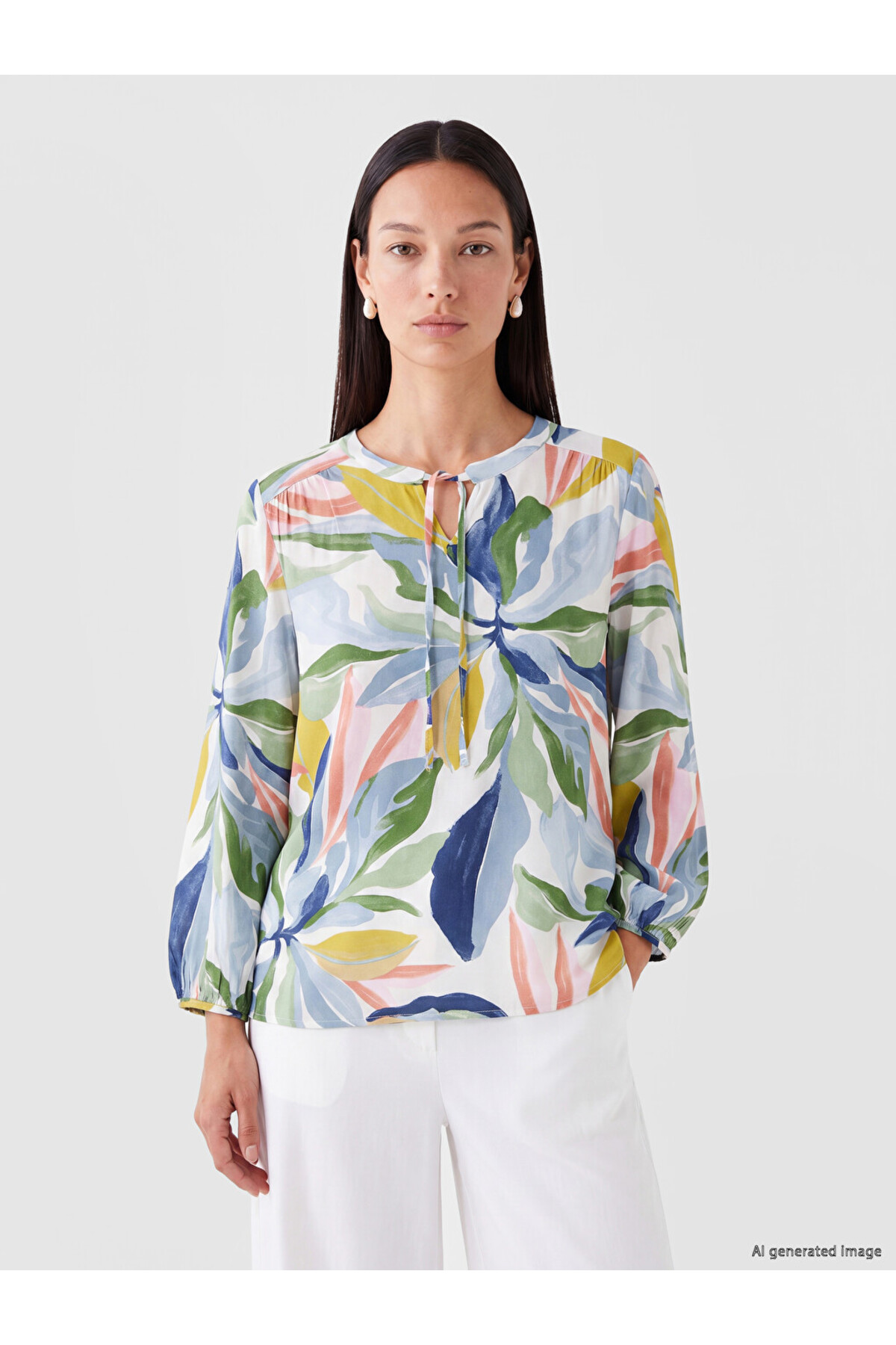 LC Waikiki Lcw Everyday Mixed Tie-Neck Floral Gathered Blouse