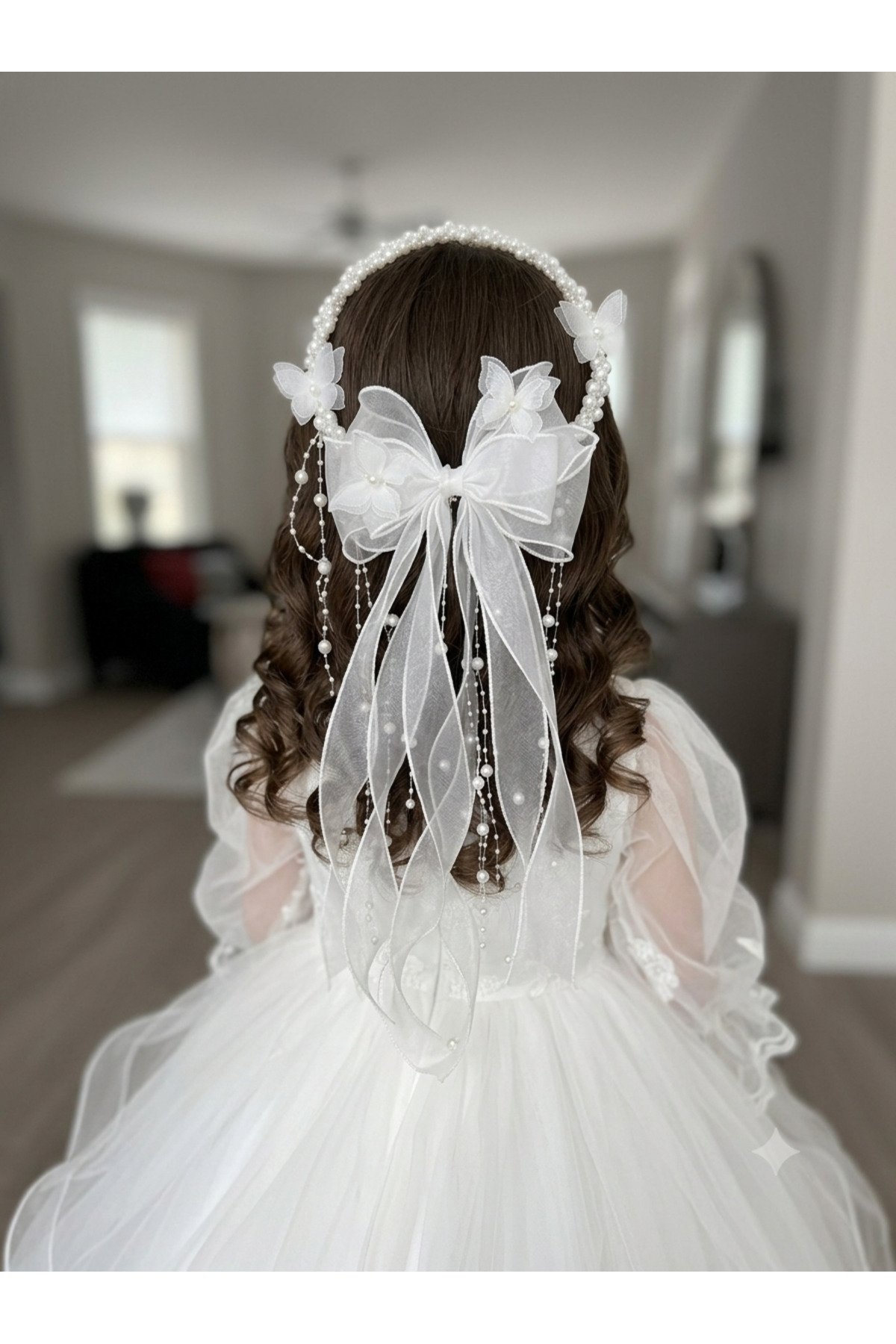 Crowns of Refika Girl 3D Chiffon Butterfly Flower Bridal Crown with special design pendant pearl - special day hair accessory