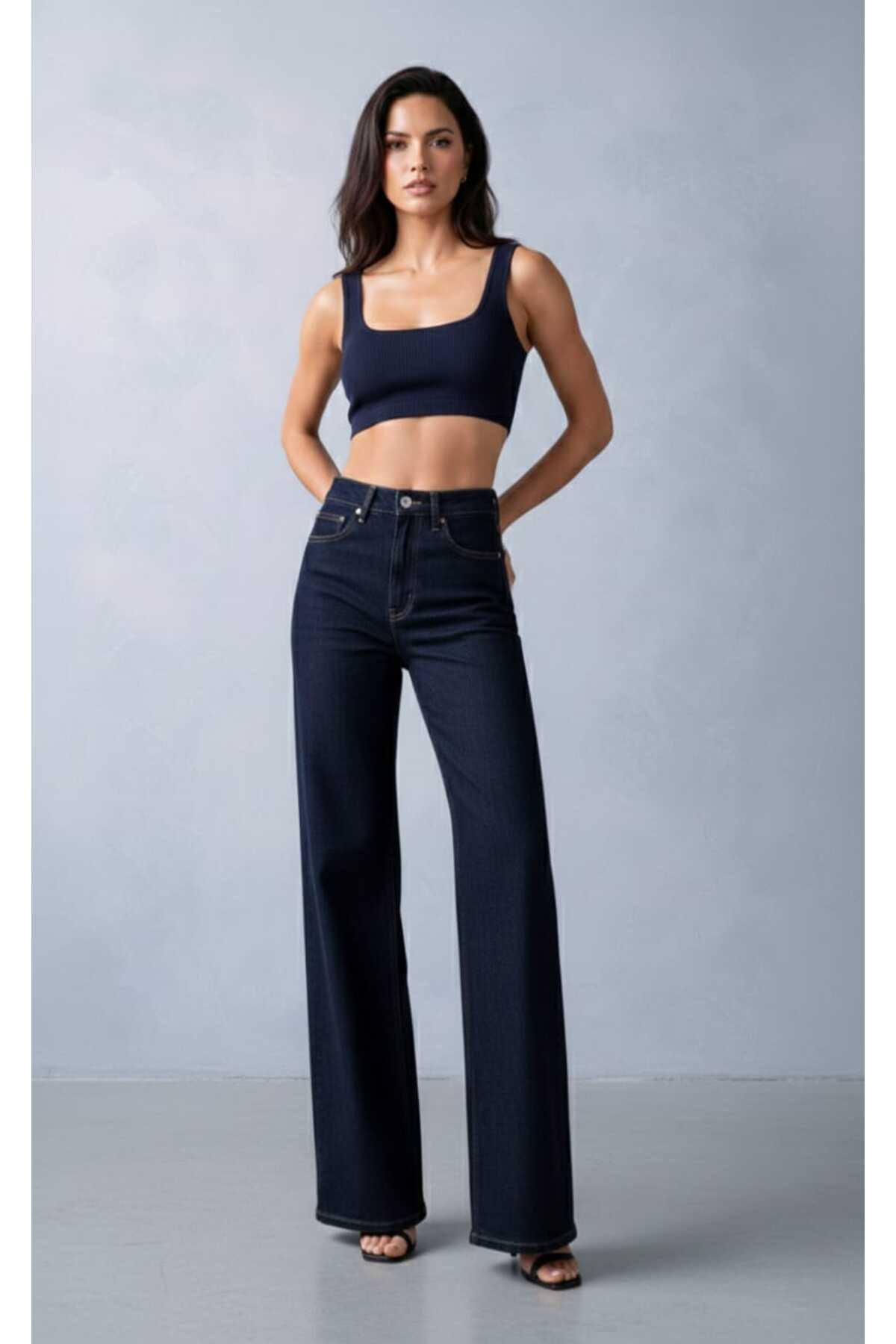 Lighter Jeans Kadın Yüksek Bel Likralı Lacivert Bol Paça Jean Pantolon, Esnek Denim Rahat Kalıp görsel 7
