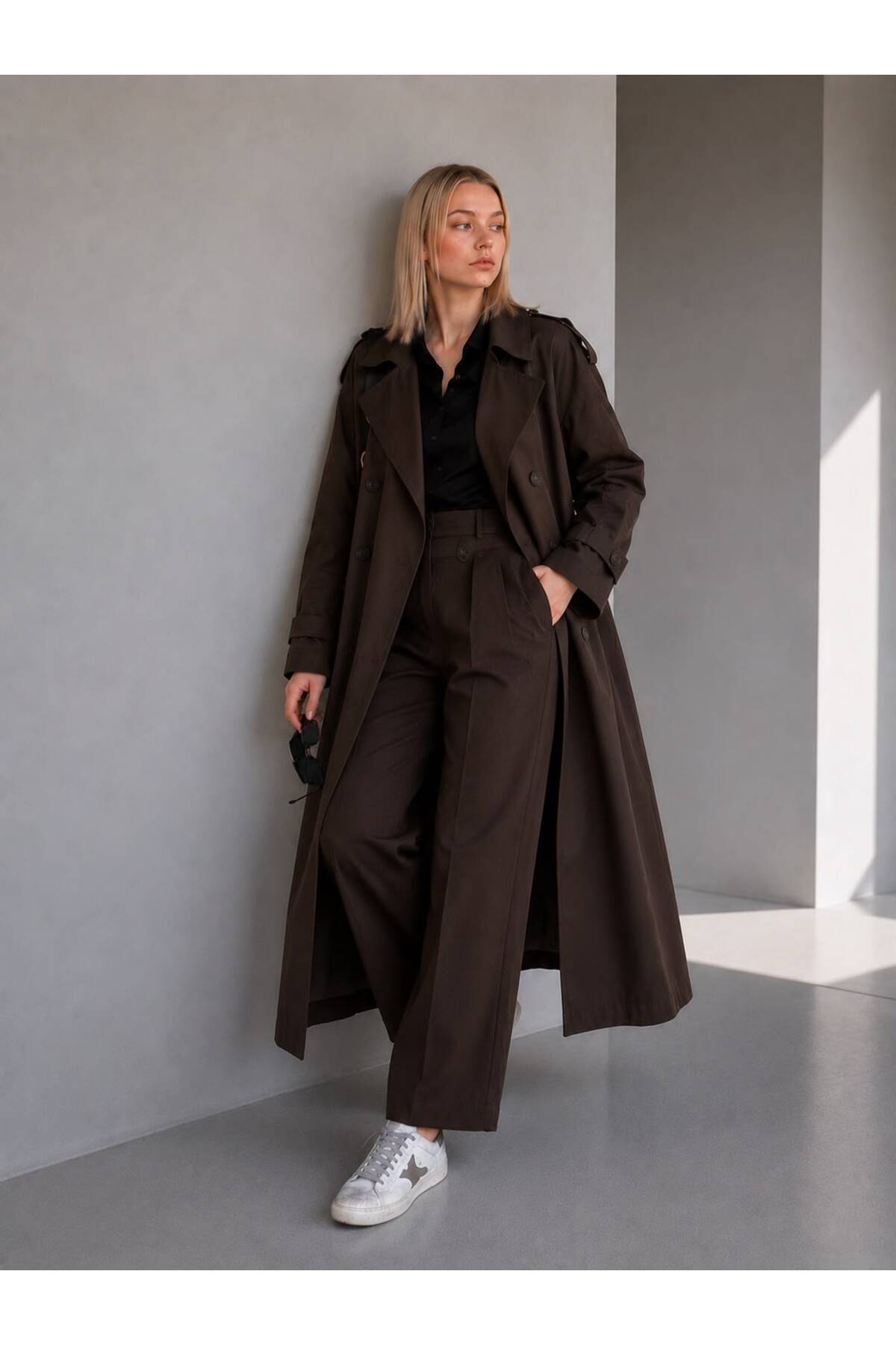 Premium Poplin Fabric Belted Long Trench Coat