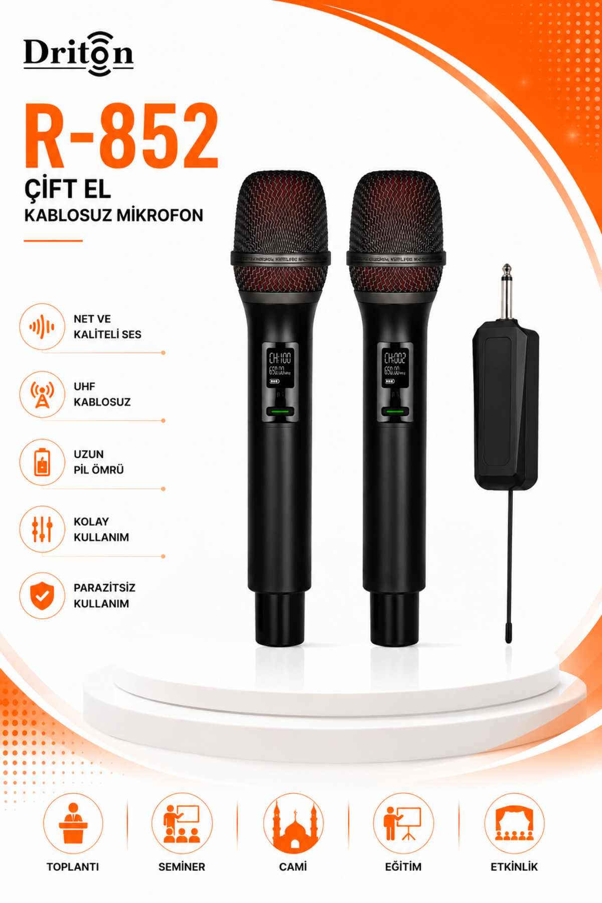 DRİTON R-852 KABLOSUZ JACKLI TELSİZ ÇİFT EL -EL MİKROFON - Fiyatı
