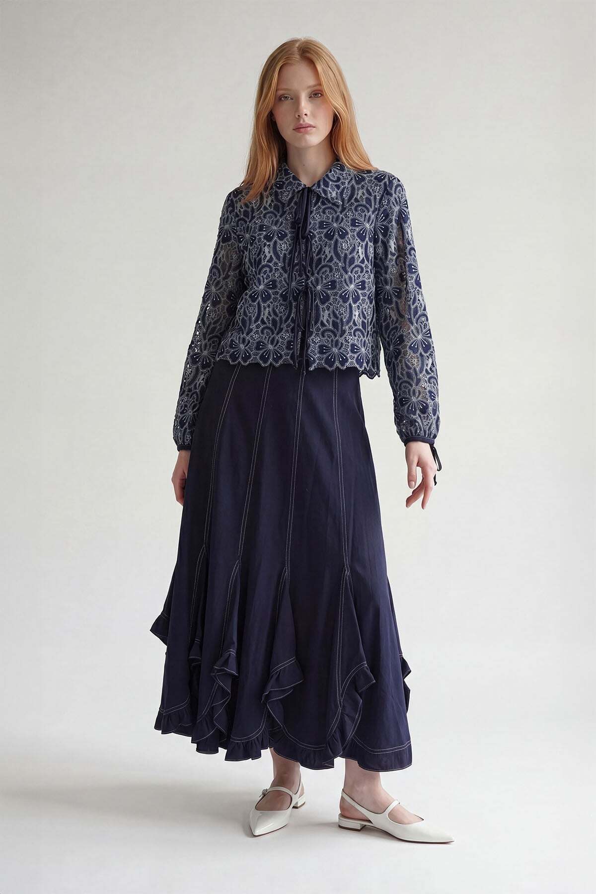 Levidor Dark Navy Blue Flower Pattern Skirt Suit