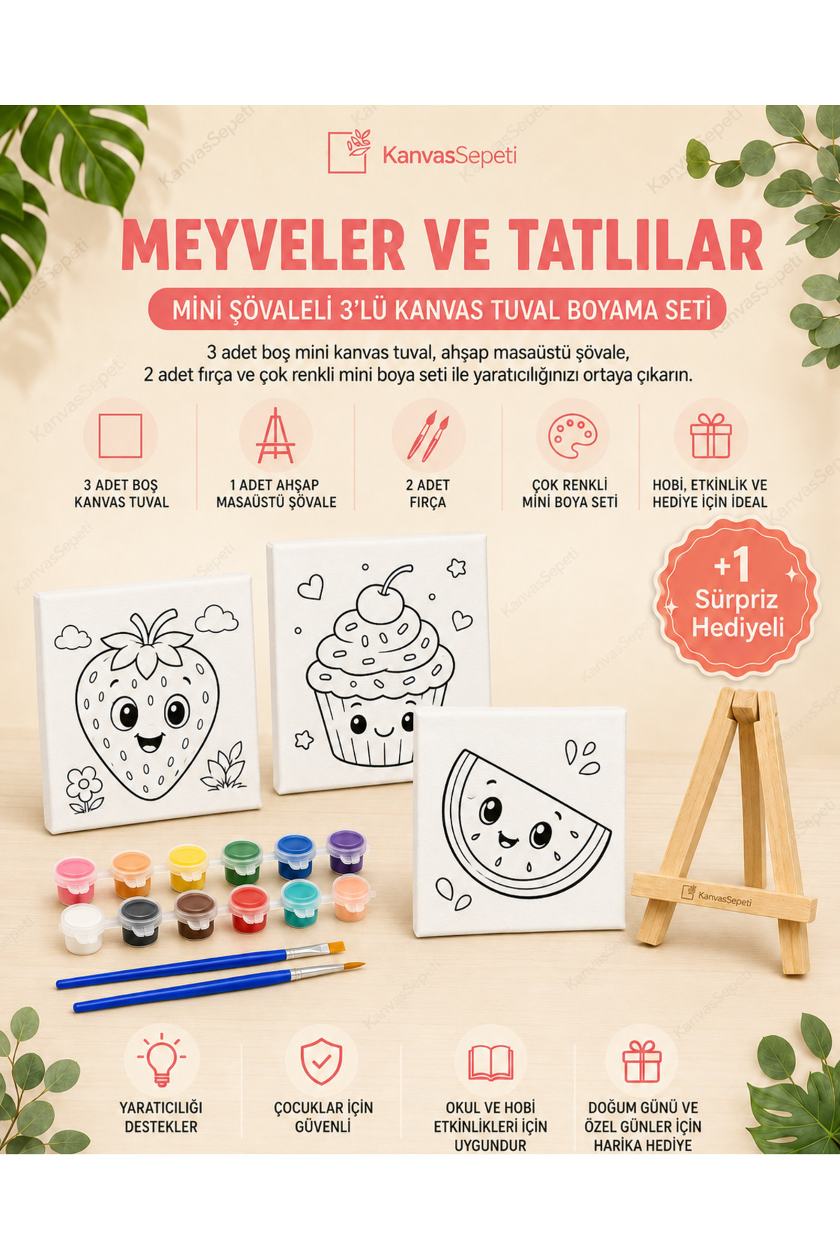Meyveler ve Tatlılar Mini Şövaleli 3'lü Boyanabilir Kanvas Tuval Seti 20x20 12 Renk Boya