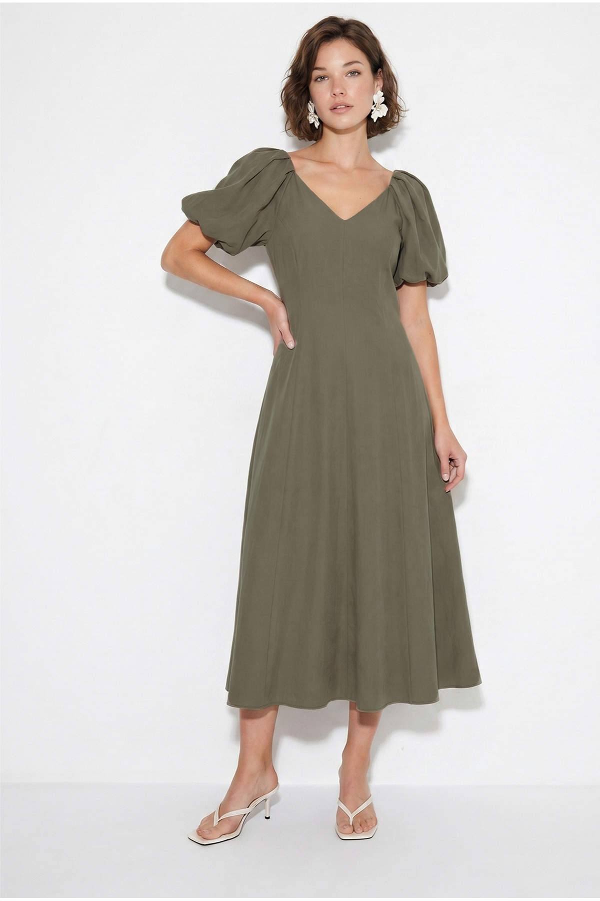 Bianco Lucci Women's V-Neck Waist Fitted Balloon Sleeve Midi Modal Dress 2796 60286413
