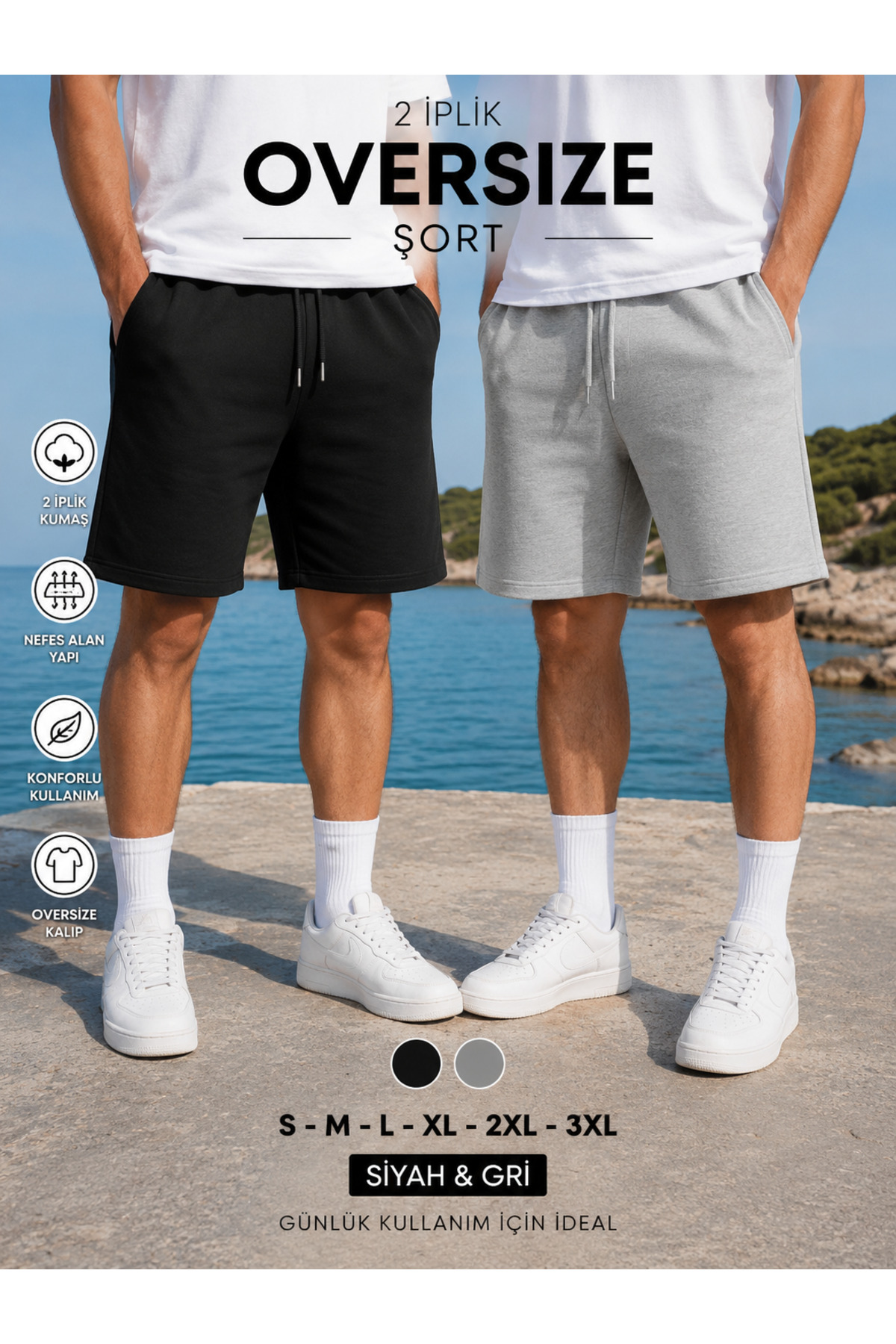 yx yustex sport 2-Piece Shorts Men's (Black-Grey) Basic Summer Shorts Set - Comfortable Fit Above the Knee 2-Piece Economic Package