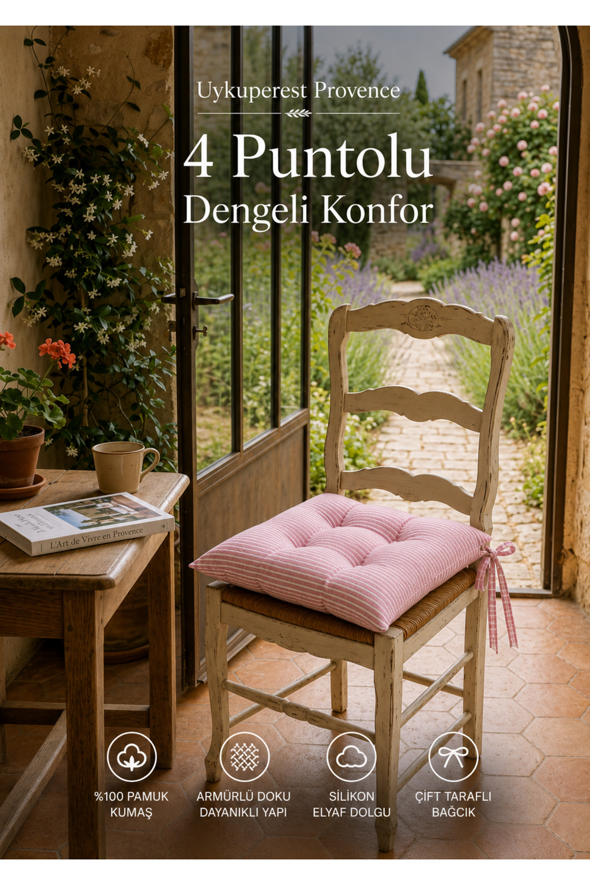 Pastello Pofidik Sandalye Minderi 40x40 Bağcıklı 4 Puntolu Silikon Dolgulu Pamuk Bahçe Balkon Tekli detay