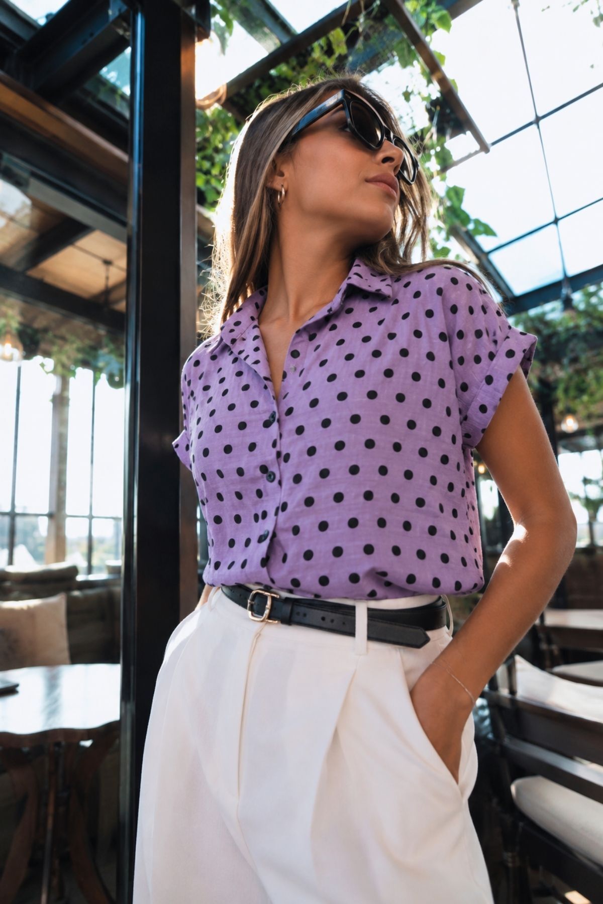armonika Women's Lilac Polka Dot Short Sleeve Shirt Arm-26Y001137