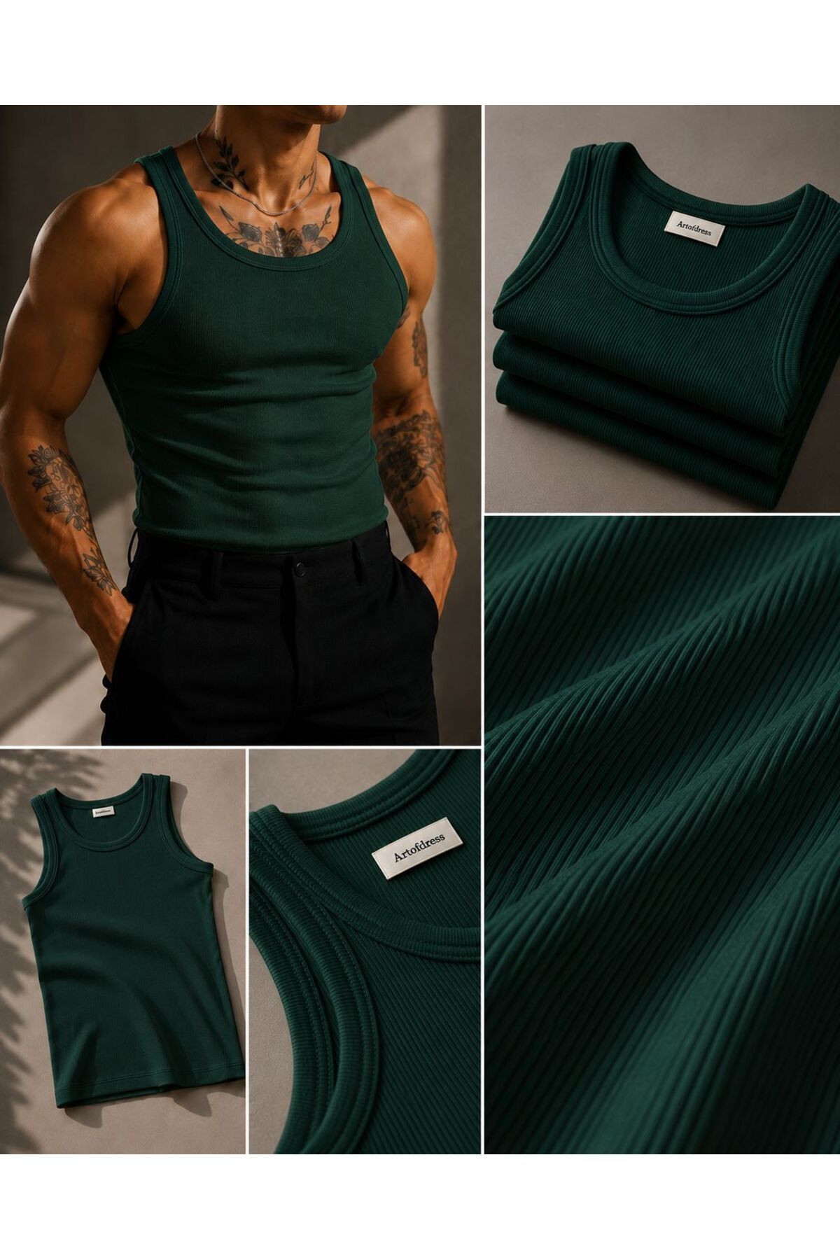 art of dress Erkek 3'lü Halter Yaka Likralı Kaşkorse Slim Fit Sporcu Atlet görsel 2