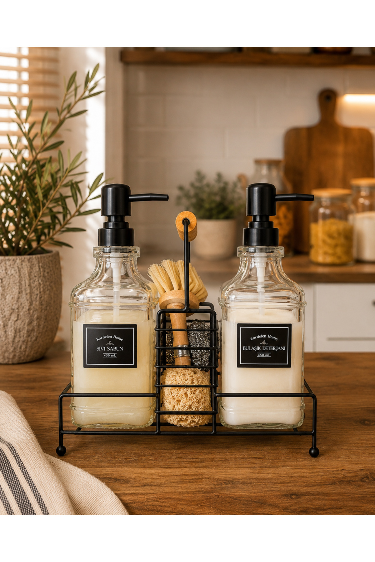 Glass Kitchen Liquid Soap Dispenser and Dishwashing Detergent Set – 450 ml 3-Piece Countertop Kitchen Organizer with Metal Stand