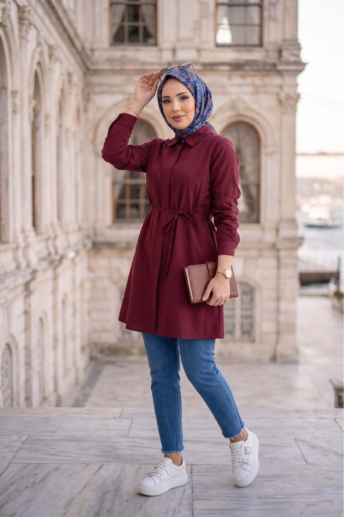 hafsamina Bağlamalı Cepli Tunik Bordo HM2911 görsel 4
