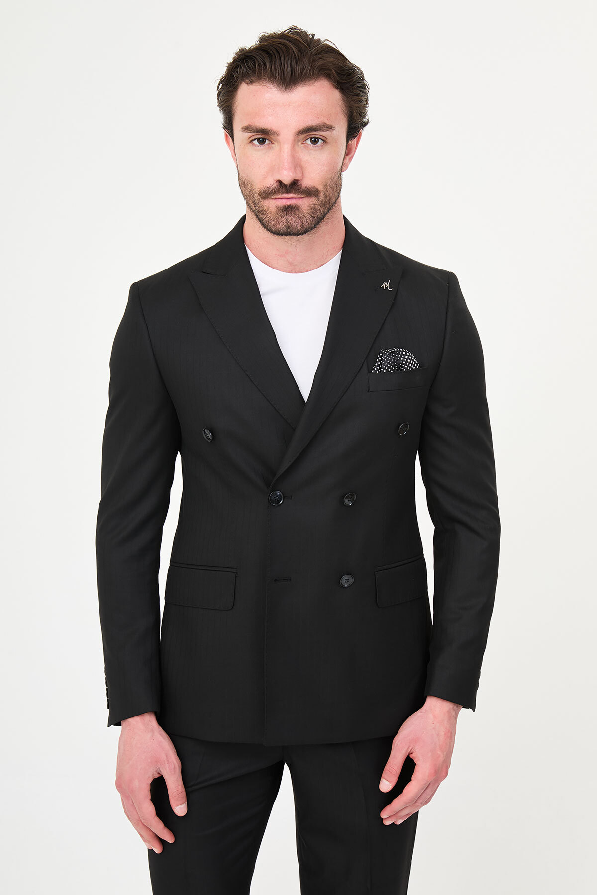 Mcr Striped Slim Fit Wide Collar Double Breasted Men's Suit Black - 45478.26Y