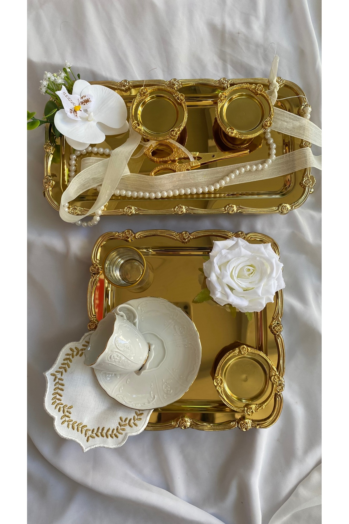 Z&B FLOWERS Ayaklı Gold Nişan Tepsisi Söz Tepsisi Damat Kahve Seti