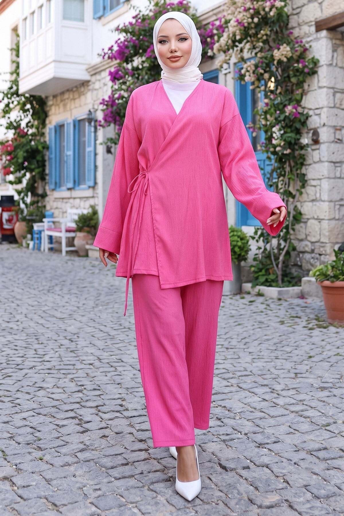 hafsamina Side Tie Kimono Set Fuchsia Hm2935