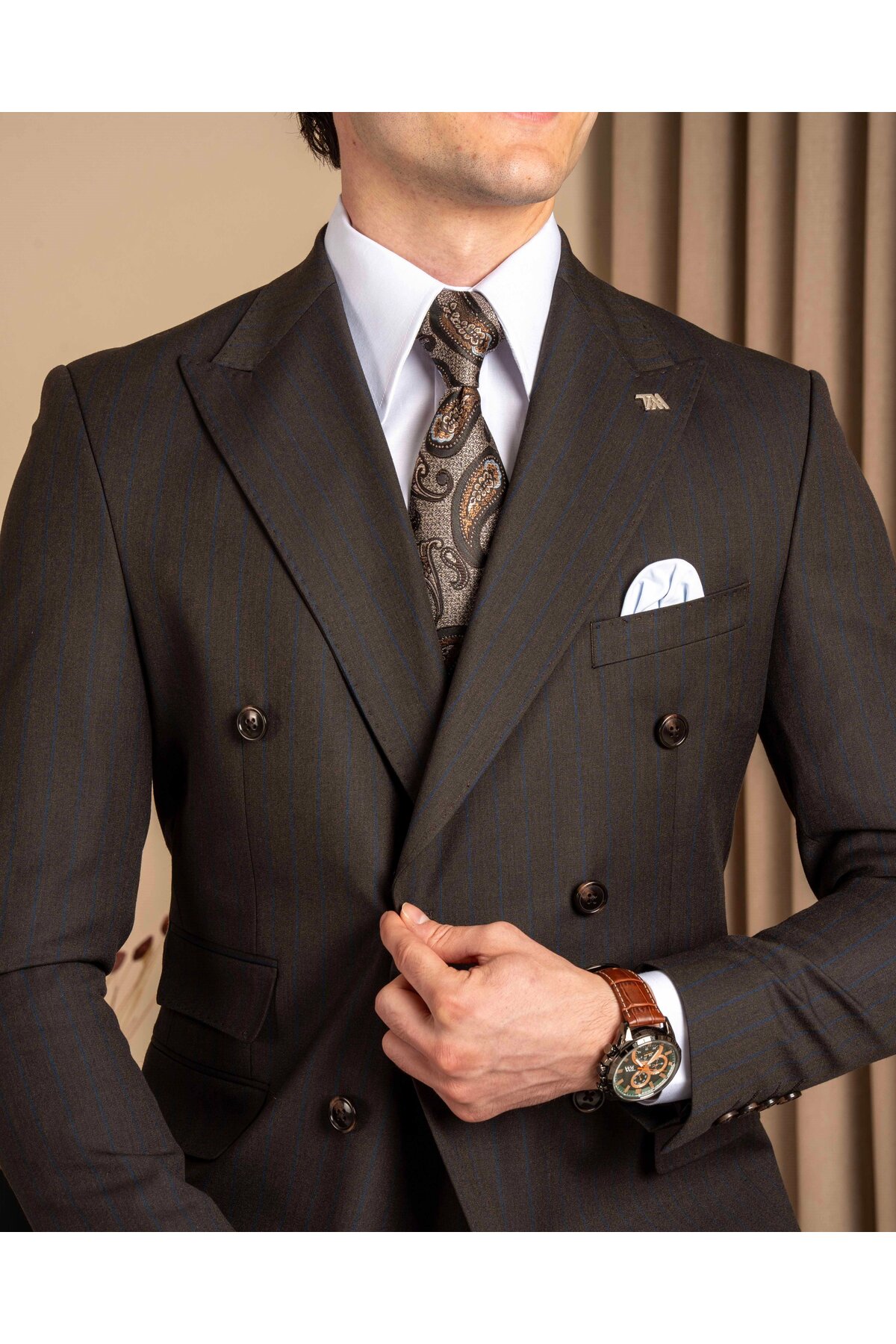 TerziAdemAltun Slim fit erkek sivri yaka çizgili kruvaze ceket pantolon takım elbise kahverengi T20142-03 görsel 3