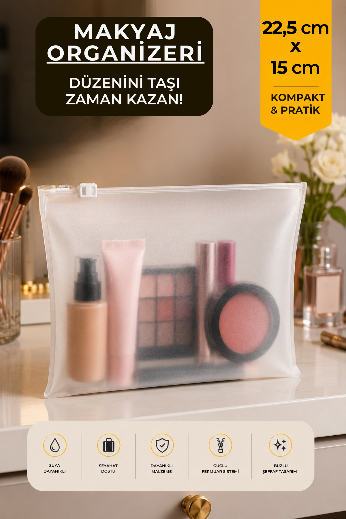 کیف زیپ‌دار نظم‌دهنده ۲۲.۵x۱۵ سانتی‌متر | ۱ عدد | کیف مسافرتی، آرایشی و چندمنظوره شفاف مات — PS-FO-2215-01 — تصویر 2 از 8
