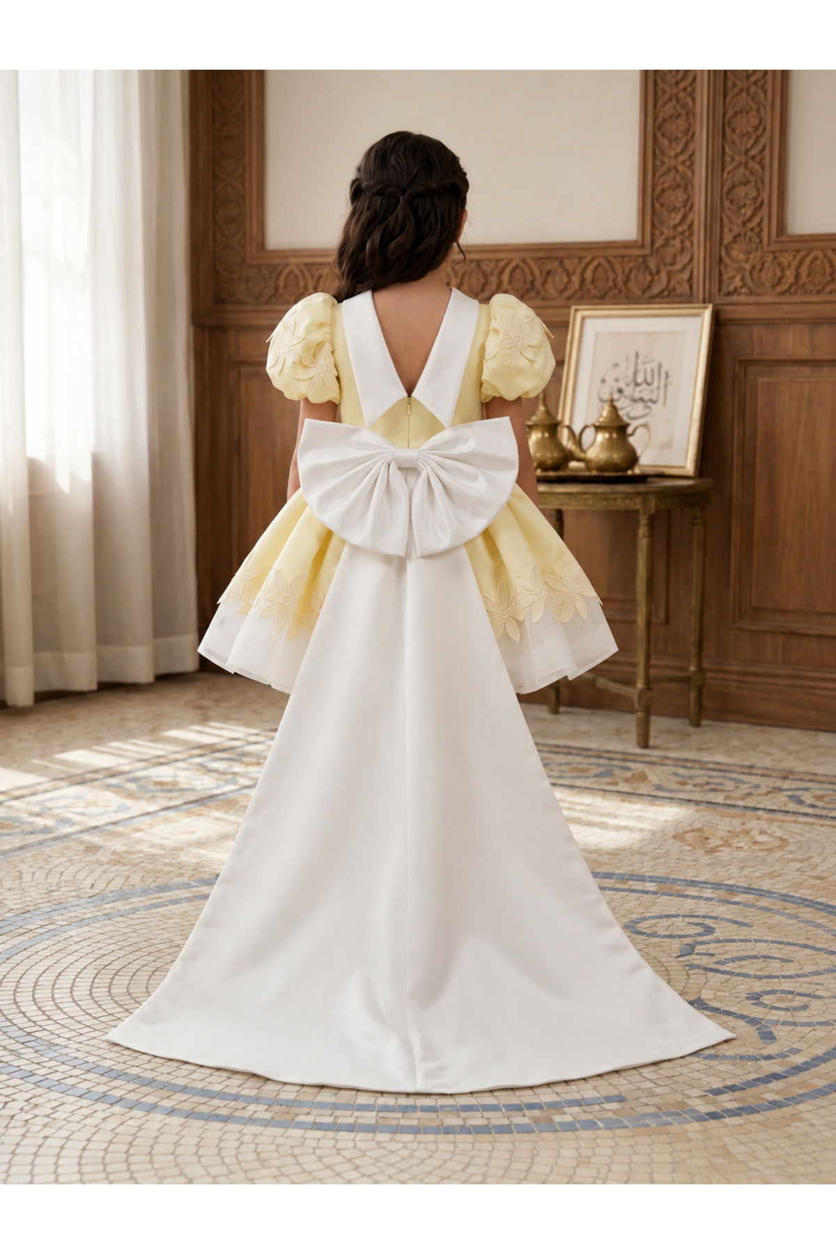 Girls Luxury Floral Embroidered Prom Dress with Long Statement Bow Train – Butter Yellow