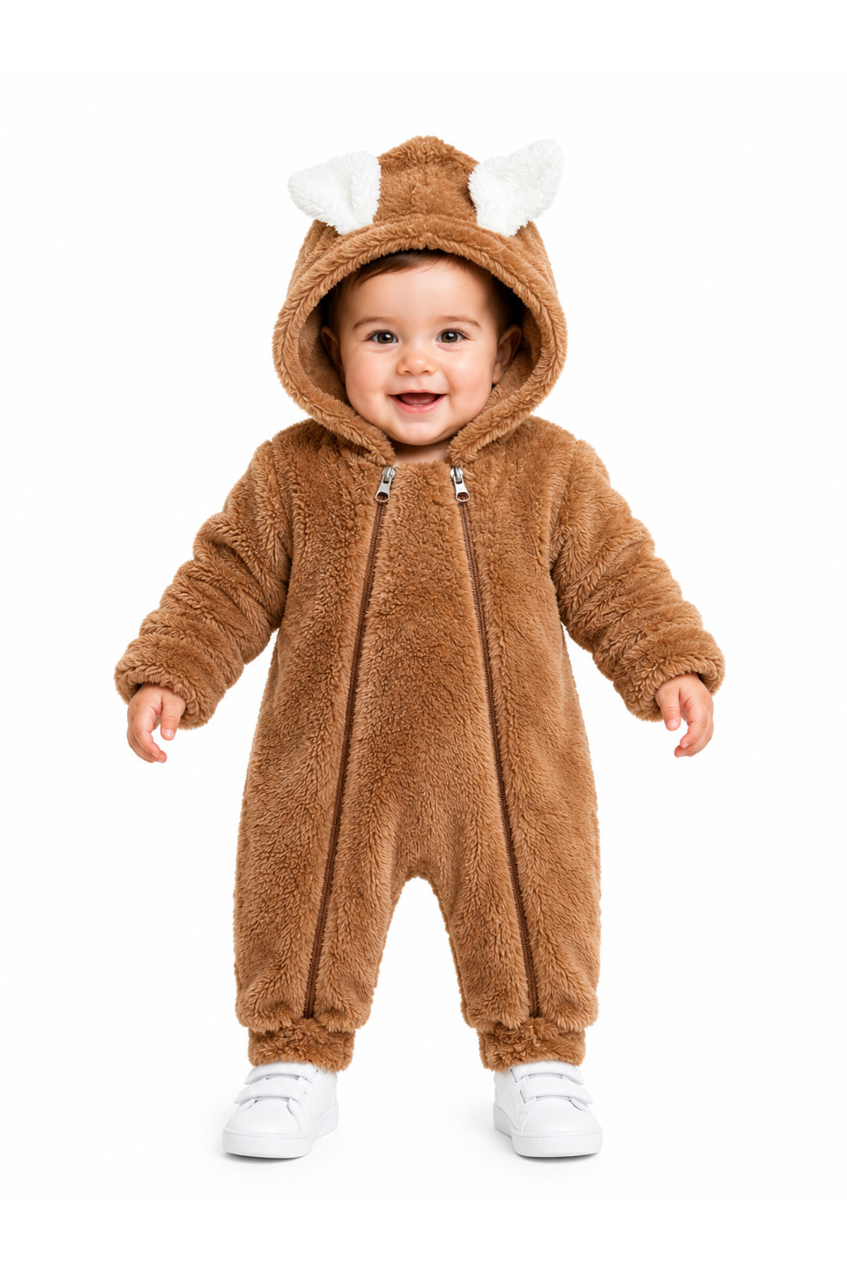 Tatlı Tavşan Kulaklı Çift Fermuarlı Welsoft Bebek Tulumu Kapüşonlu Peluş Kışlık Unisex Tulum