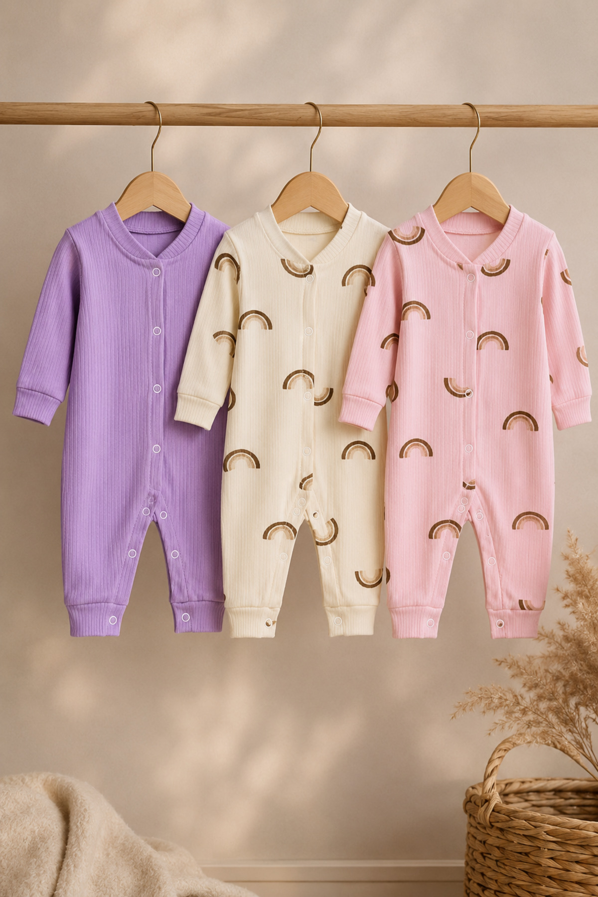 Mai Perla Baby Girl Organic Cotton 3-Piece Ribbed Snap-Fit Rainbow Patterned Jumpsuit Set 0-9 Months