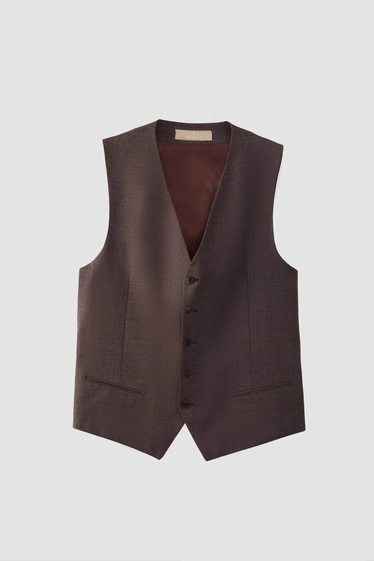 Slim Fit Vizon Desenli %100 Yün Takim Elbise Kombinli — بژ 3DFK5ML045671 — تصویر 6 از 8