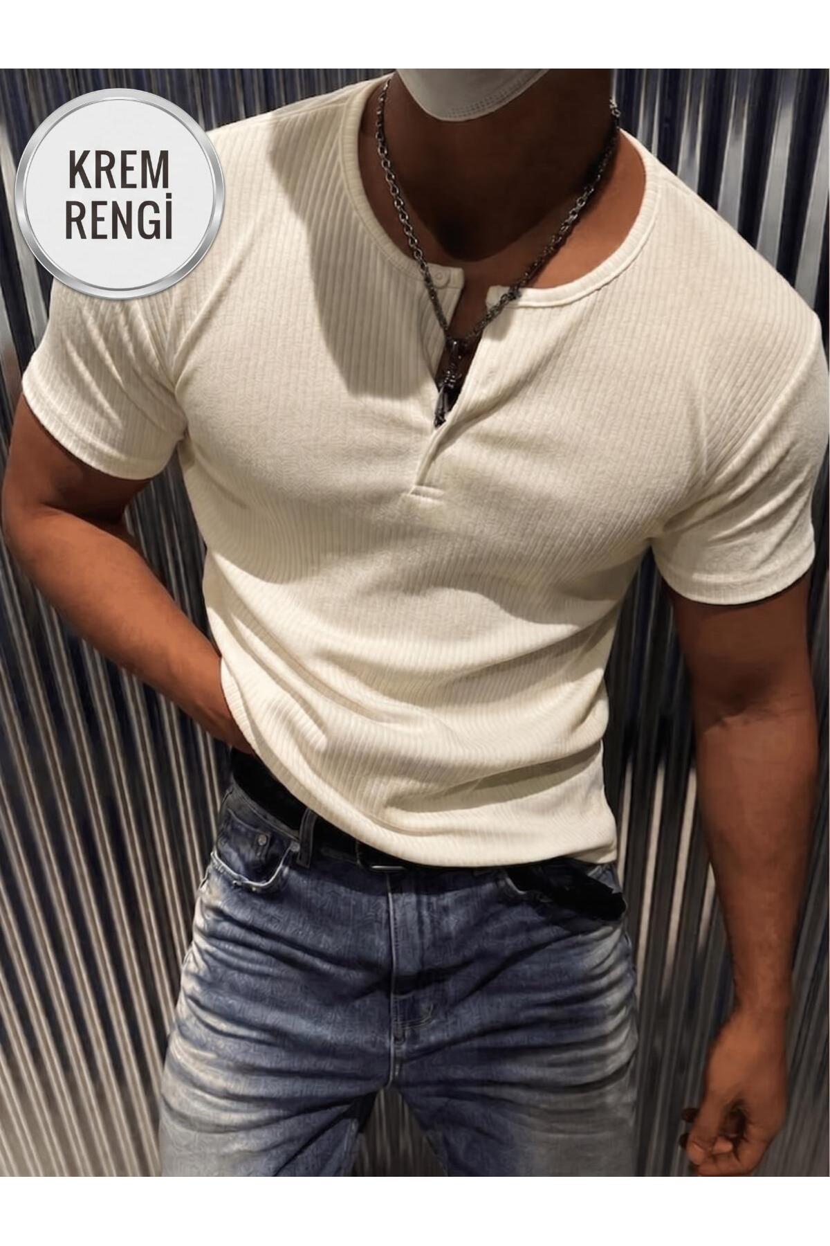 Oksit San Loe Men's Slim Fit Lycra Henley Collar Short Sleeve T-Shirt - Buttoned Stretch Fabric