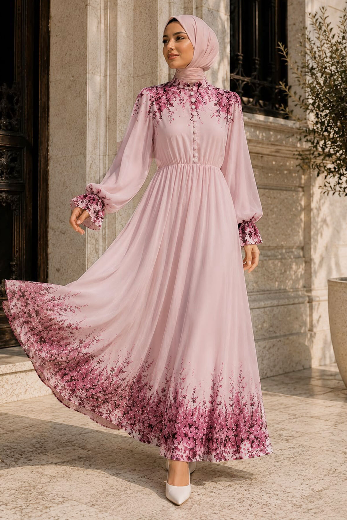 Tesettür Dünyası Floral Print Half-Button Chiffon Dress Tsd260258 Pink