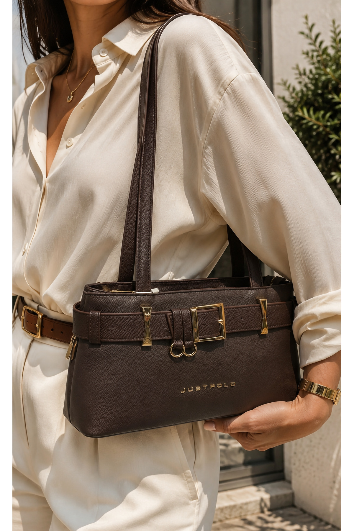 Just Polo Women's Shoulder Bag with Gold Accessories Premium Design