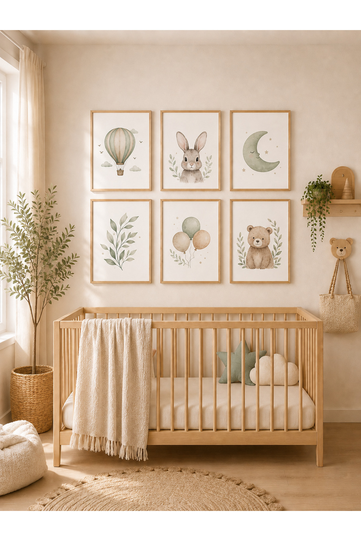 6 Parça MDF Tablo Seti Balon, Tavşan, Ayıcık ve Ay – Pastel Bebek Odası, Çocuk Odası, Ev ve Ofis Duvar Dekorasyonu