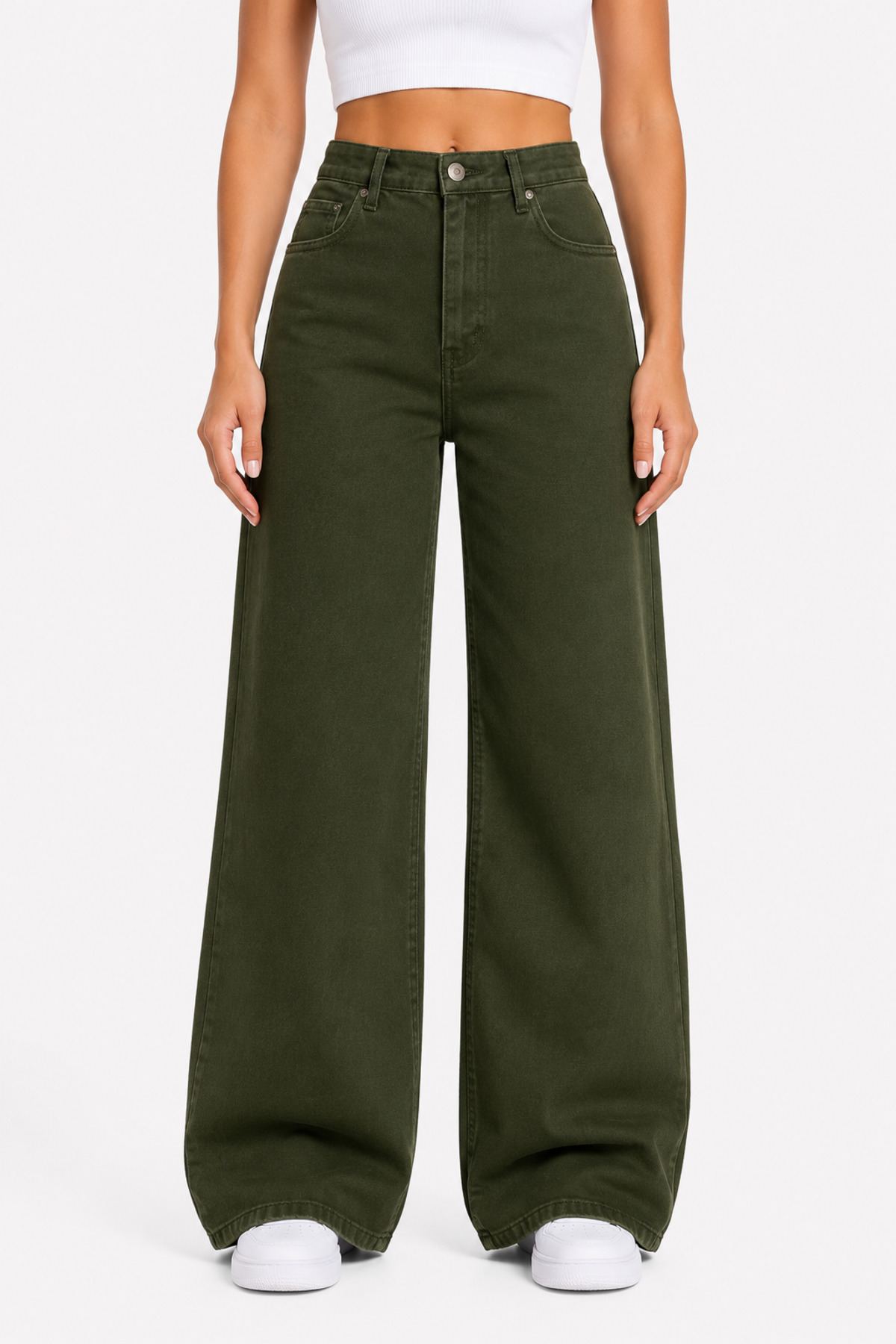 Lighter Jeans Kadın Haki Yüksek Bel Wide Leg Straight Fit Palazzo Bol Paça Esnek Denim Pantolon