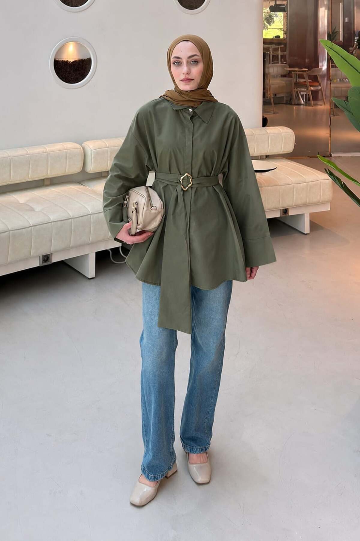 Lamelif Buckle Detailed Long Belted Shirt Khaki