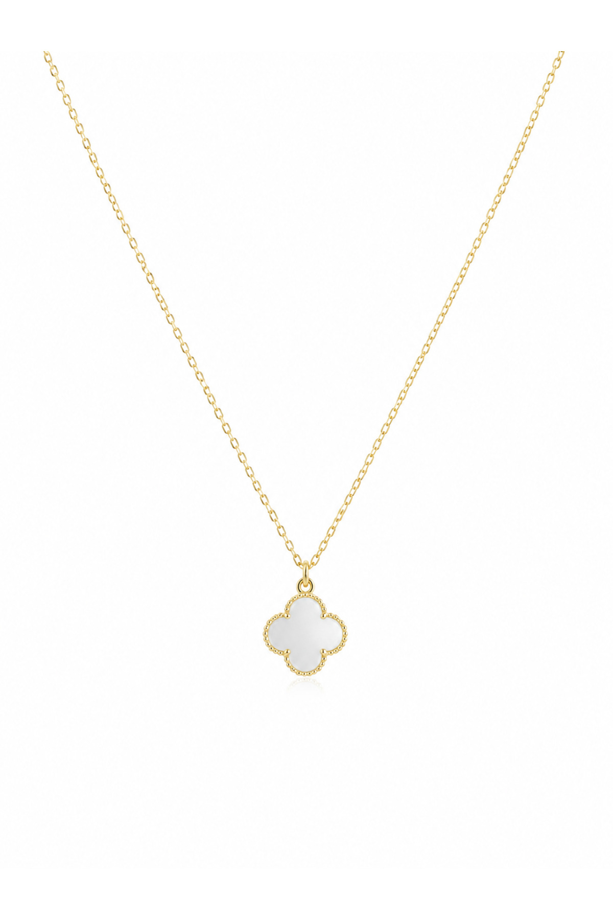 LİNOVE JEWELLERY Gümüş beyaz yonca kolye, 925 ayar gümüş yonca kolye, 14K altın kaplama yonca white clover necklace görsel 4