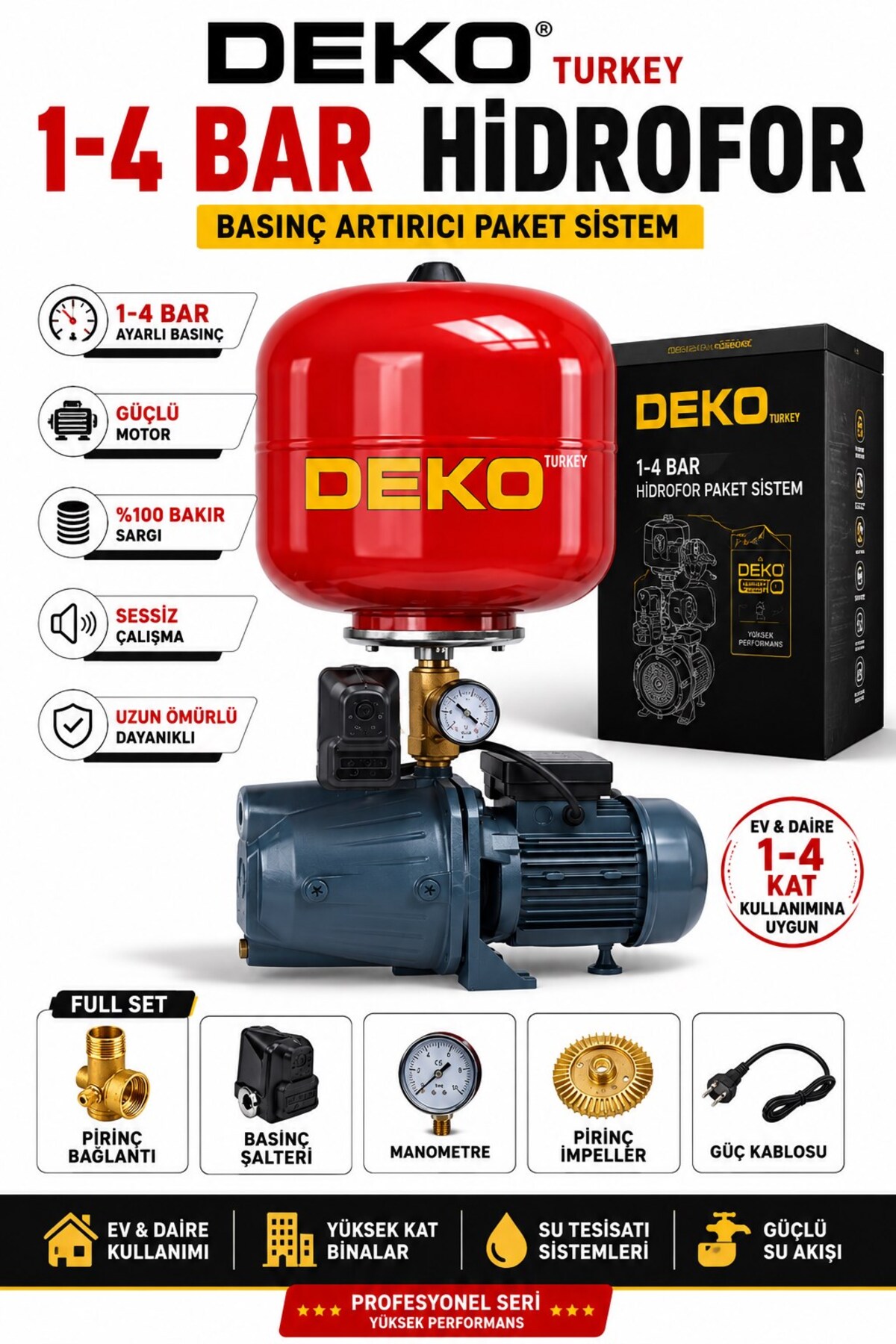 DEKO Turkey 1 HP 24 LT Otomatik Hidrofor – 4 Kat 4 Daire Uyumlu Jet Su Pompası – Bakır Sargılı Basınç Artırıcı