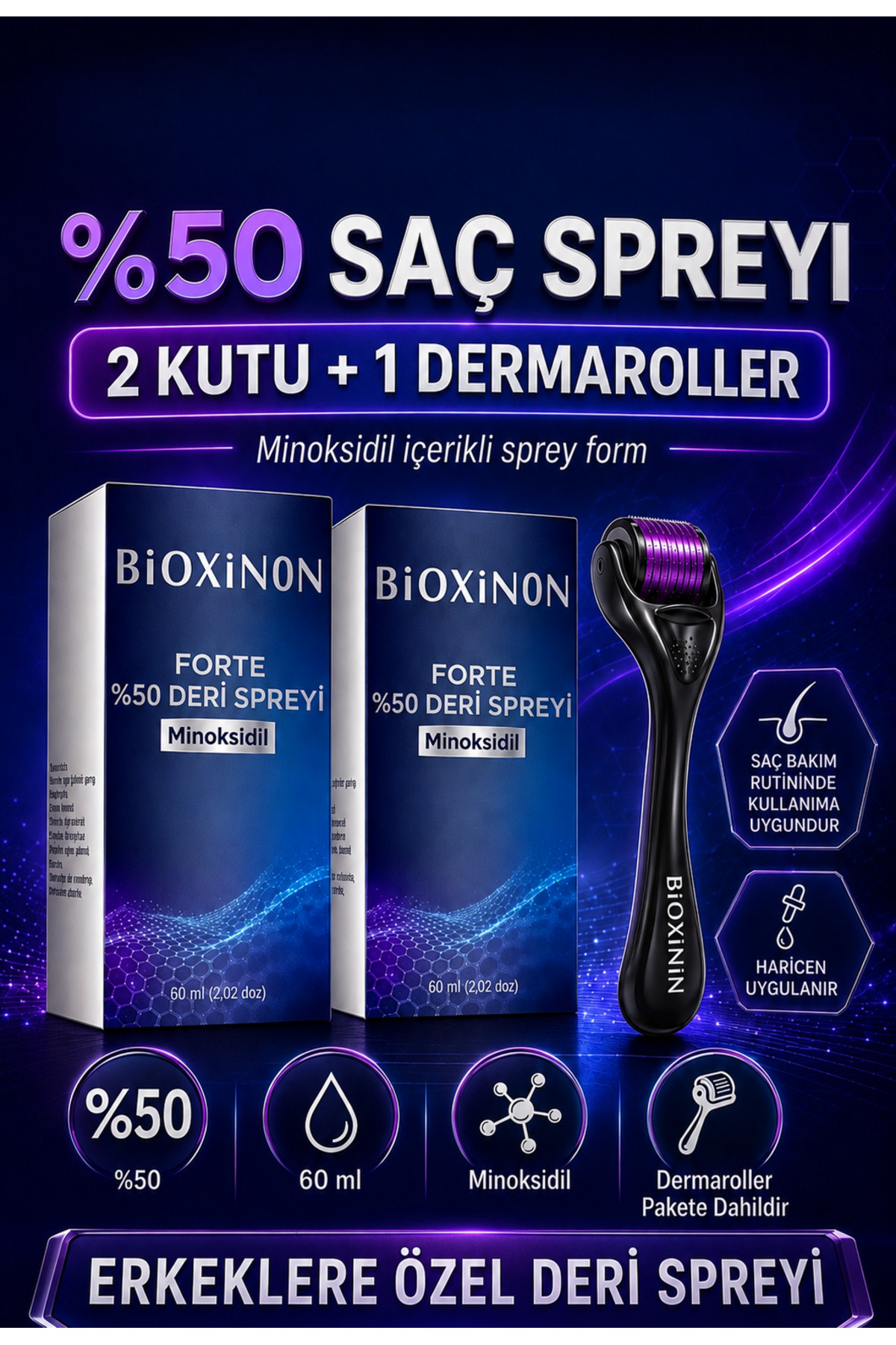 Bioxinin Forte %5 Saç Spreyi 2 kutu ve 1 adet dermaroller — 151685111
