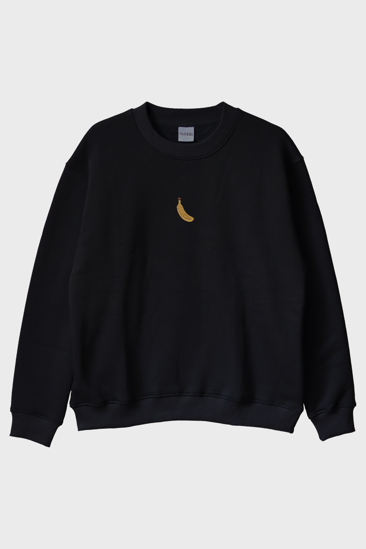 lofux Banana Patterned Black Embroidered Crew Neck Sweatshirt