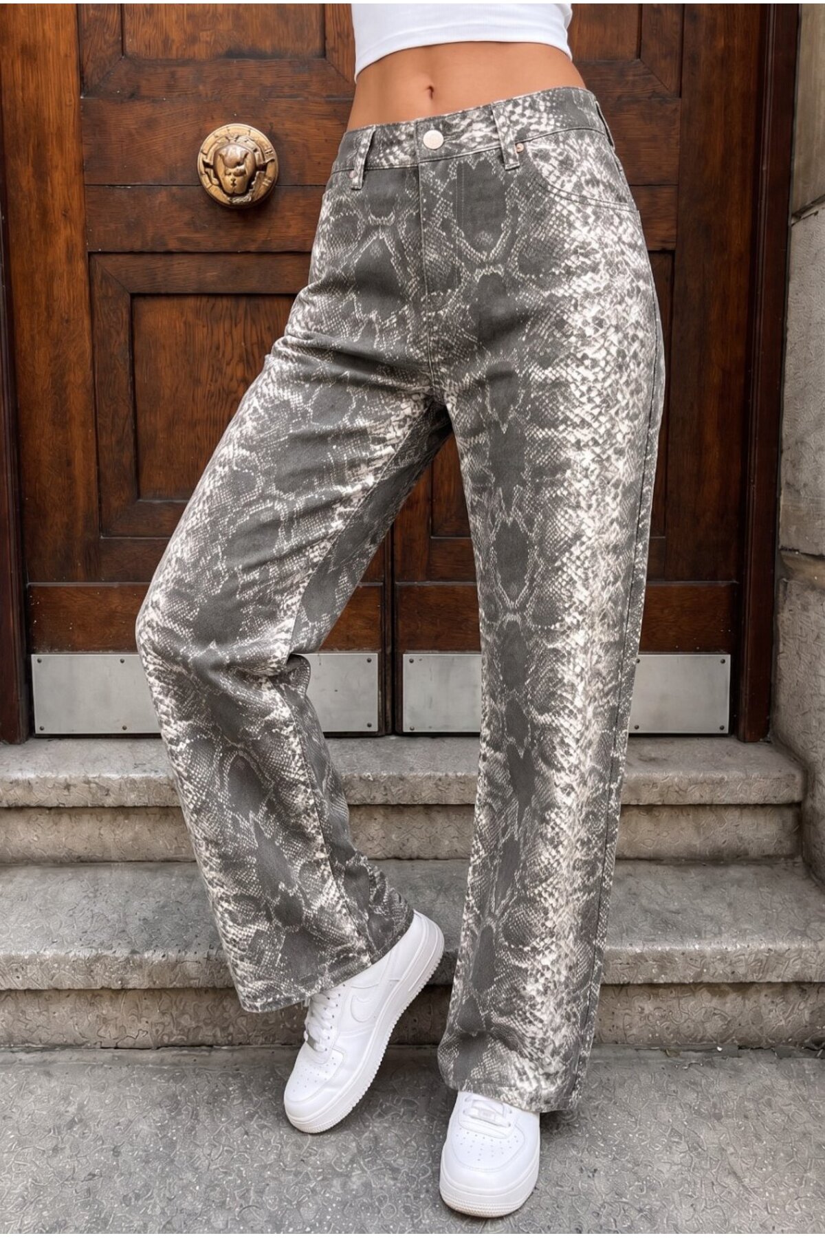 Yılan Desenli Yüksel Bel Wide Leg Lıkralı Palazzo Jean Füme 5