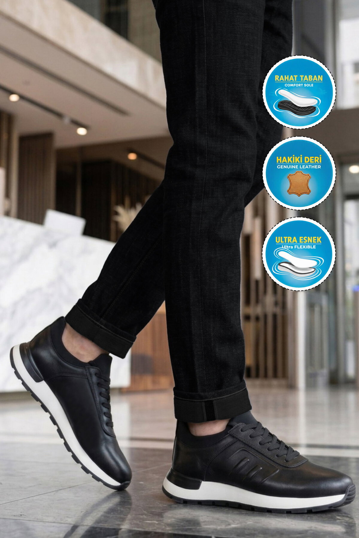 Voyager Erkek Siyah Hakiki Deri Casual Ayakkabı Bağcıklı Rahat Konfor Tabanlı Sneaker M294 M görsel 3