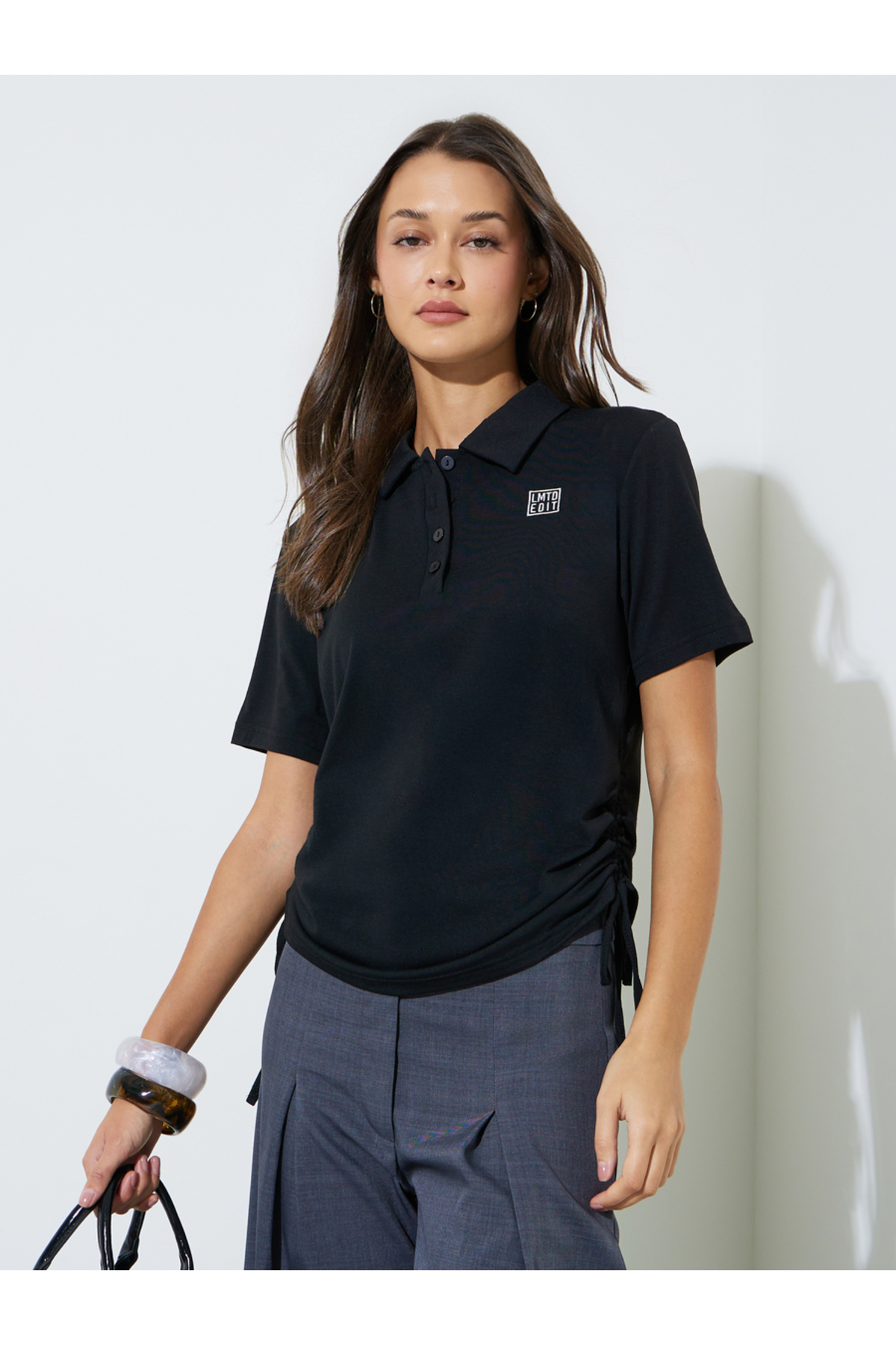 Styli Black Polo T-Shirt with Ruched Side Detail