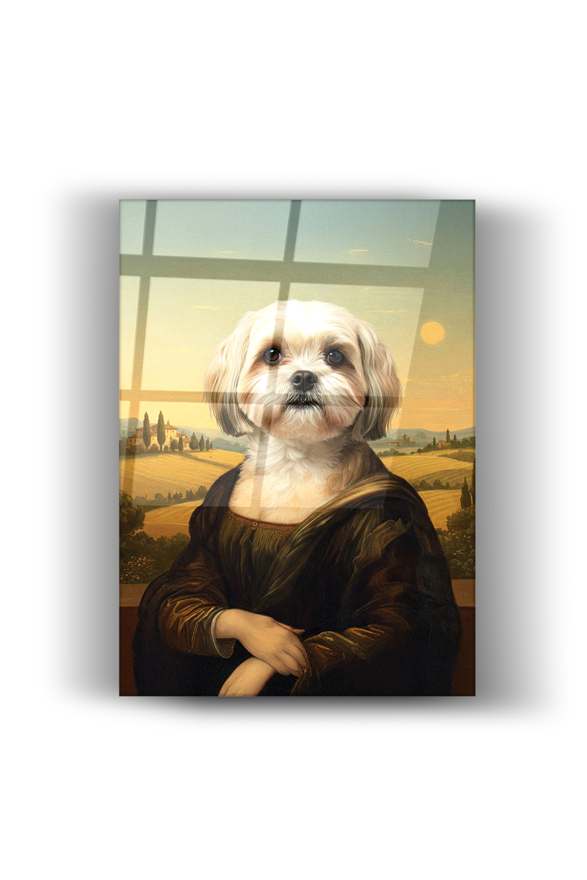 Cam Tablo Mona Lisa Temalı Sevimli Köpek Portresi – Sanatsal Salon, Ev ve Ofis Duvar Dekorasyonu