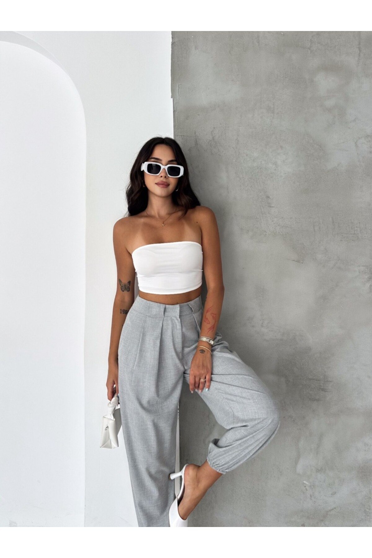 winmoda Kadın Yüksek Bel Pile Detaylı Paçası Büzgülü Salaş Dokuma Kumaş Pantolon görsel 6