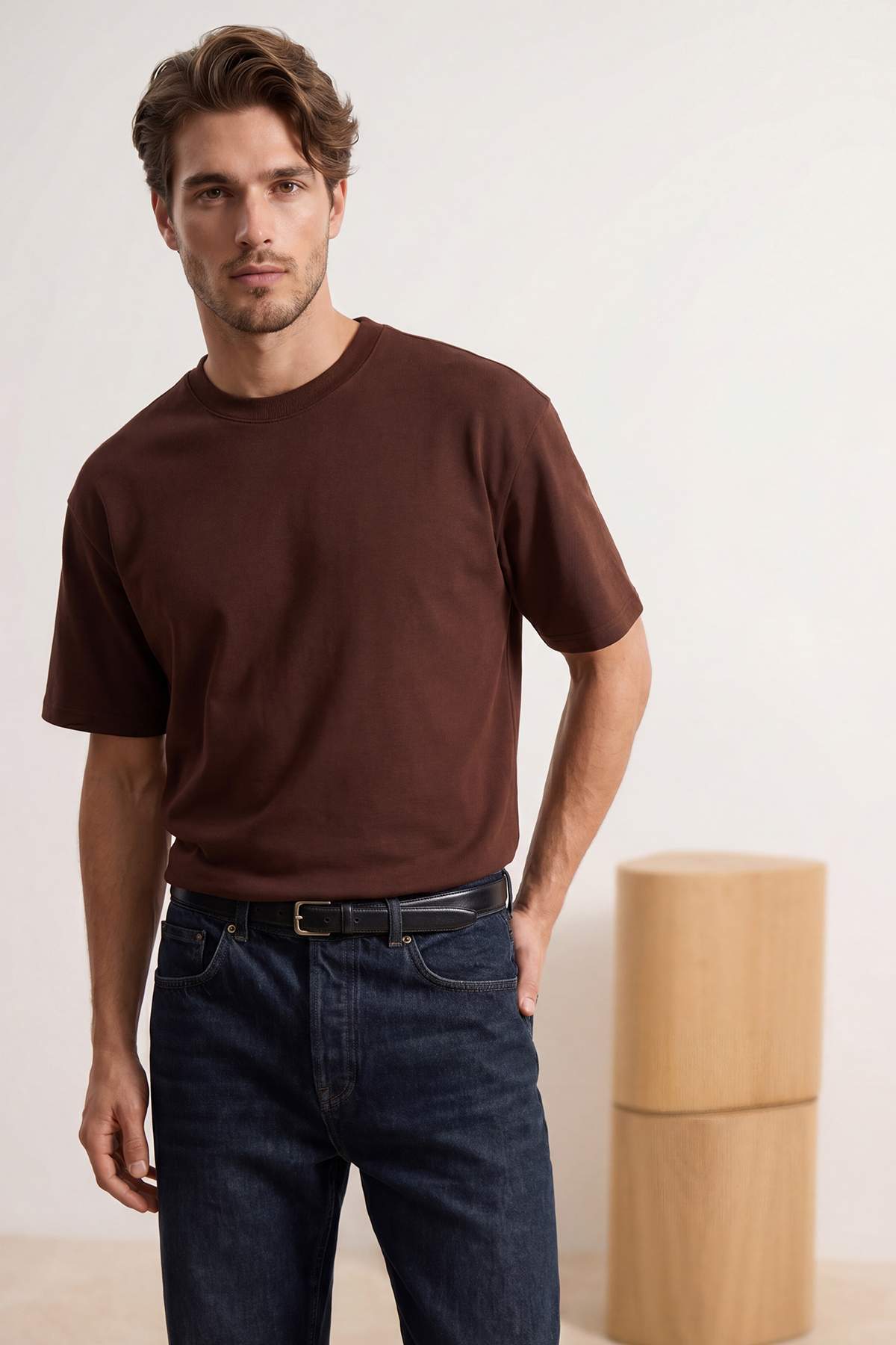 Trendyolmilla Man Kahverengi Oversize/Geniş Kesim Pamuklu Kalın Basic T-Shirt TEDSS25TS00005