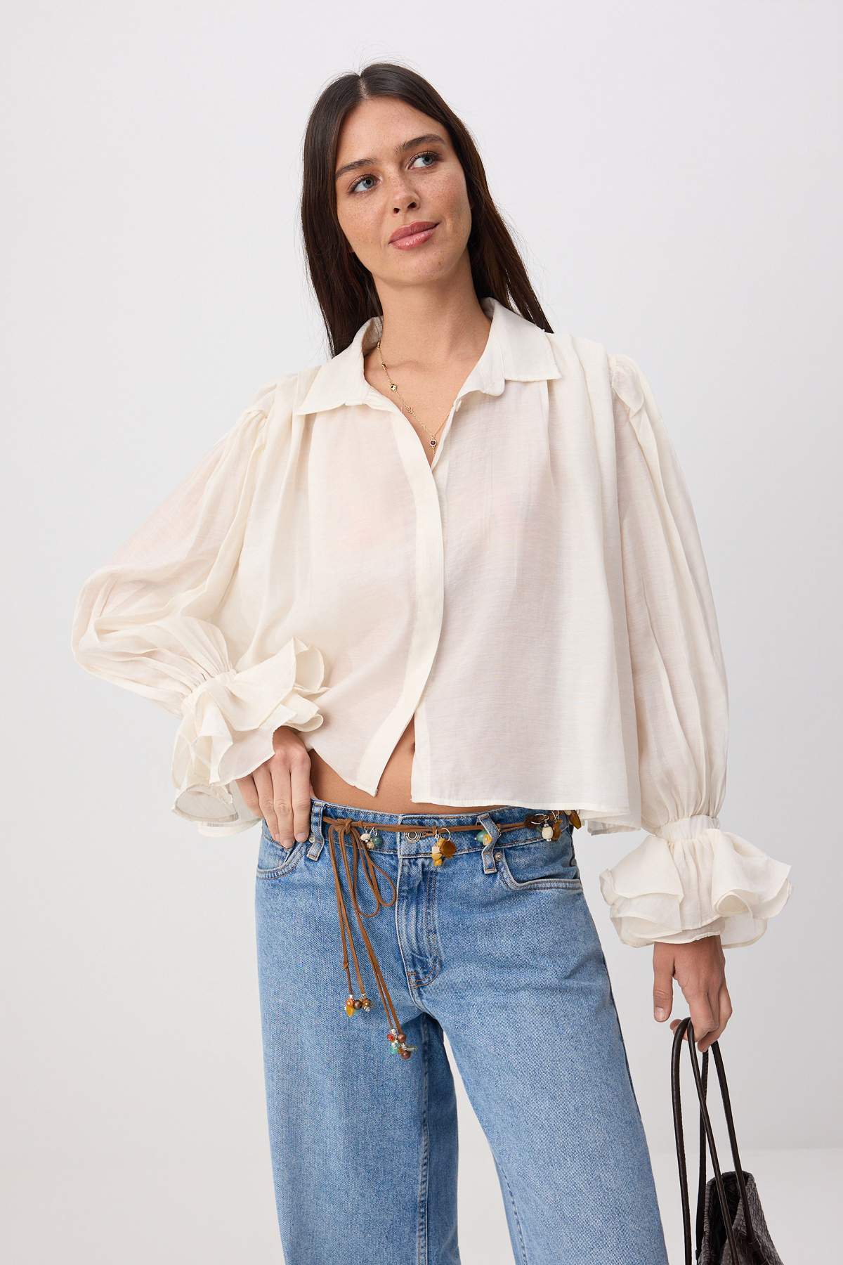 Trendyolmilla Beyaz Transparan Kolu Volanlı Gömlek TWOSS26GO00196