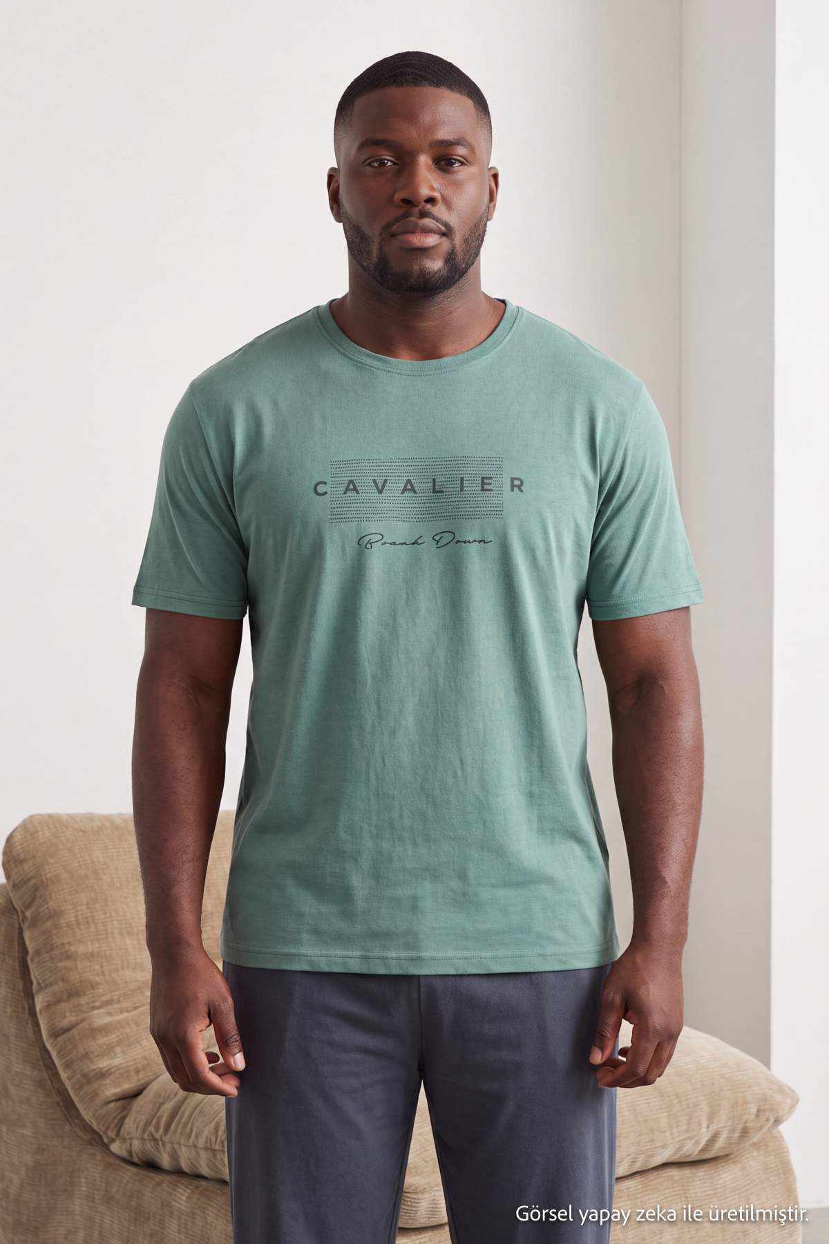 Trendyolmilla Man Yeşil Regular Slogan Homewear Büyük Beden Pijama Takımı TMNAW27AI00003