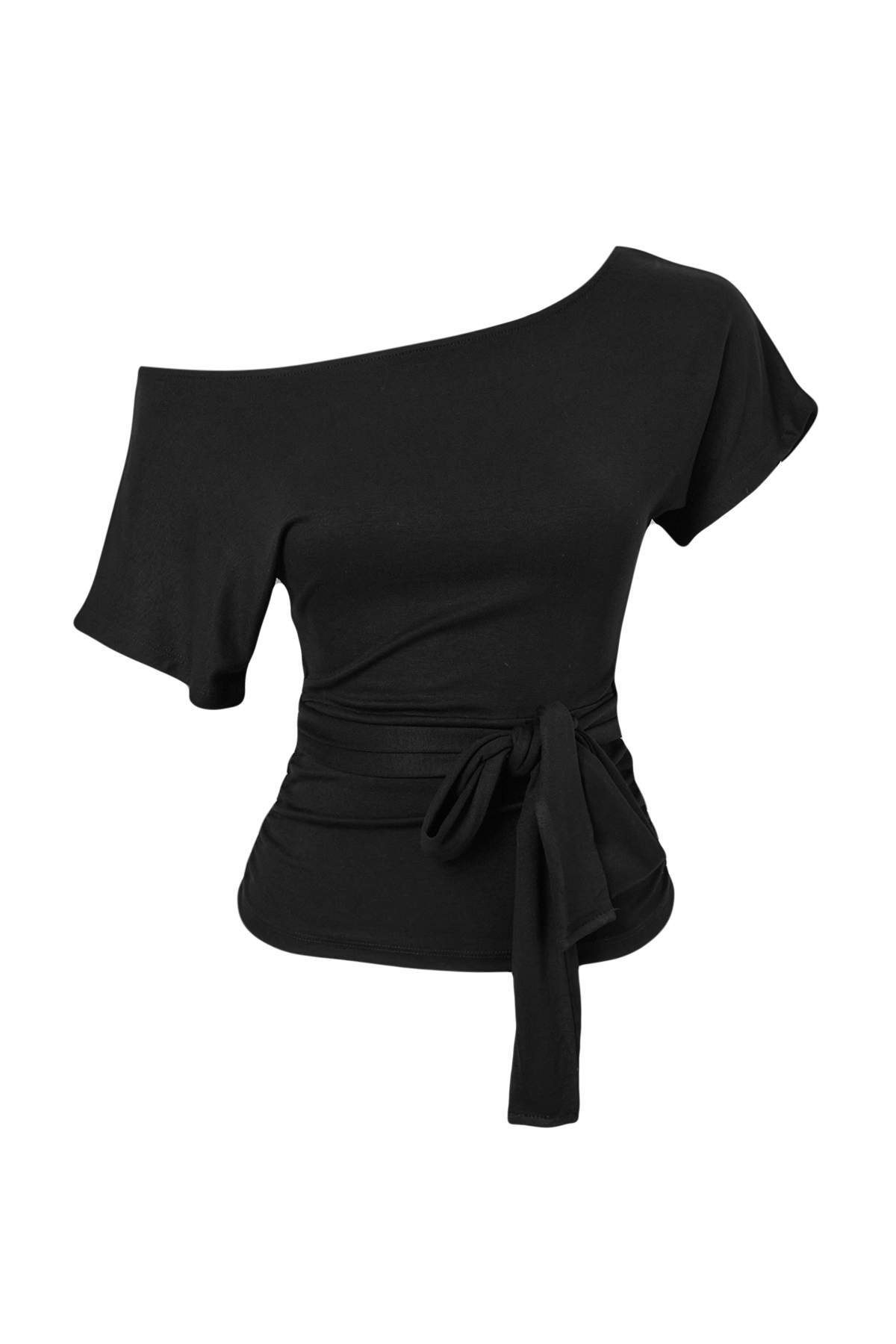 Trendyolmilla Siyah Fitted Bağlama Detaylı Asimetrik Yaka Kısa Kol Likralı Süprem Örme T-Shirt TWOAW27TS00008